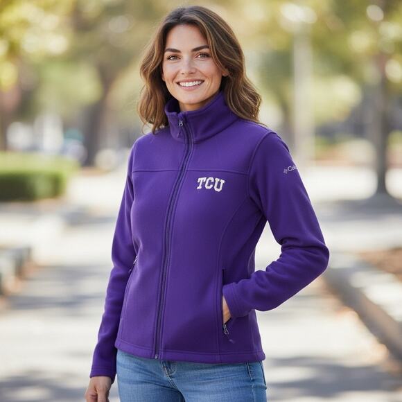 Columbia Jackets & Blazers - Columbia Fleece Jacket Womens Purple TCU Embroidered Full Zip Mock Neck Sz XS